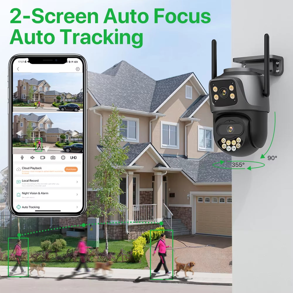 External 4K 8MP Dual Lens WiFi PTZ Camera with Auto Tracking for Outdoor Security Surveillance - IP CCTV with Icsee P2P Technology