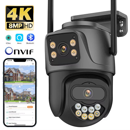 External 4K 8MP Dual Lens WiFi PTZ Camera with Auto Tracking for Outdoor Security Surveillance - IP CCTV with Icsee P2P Technology